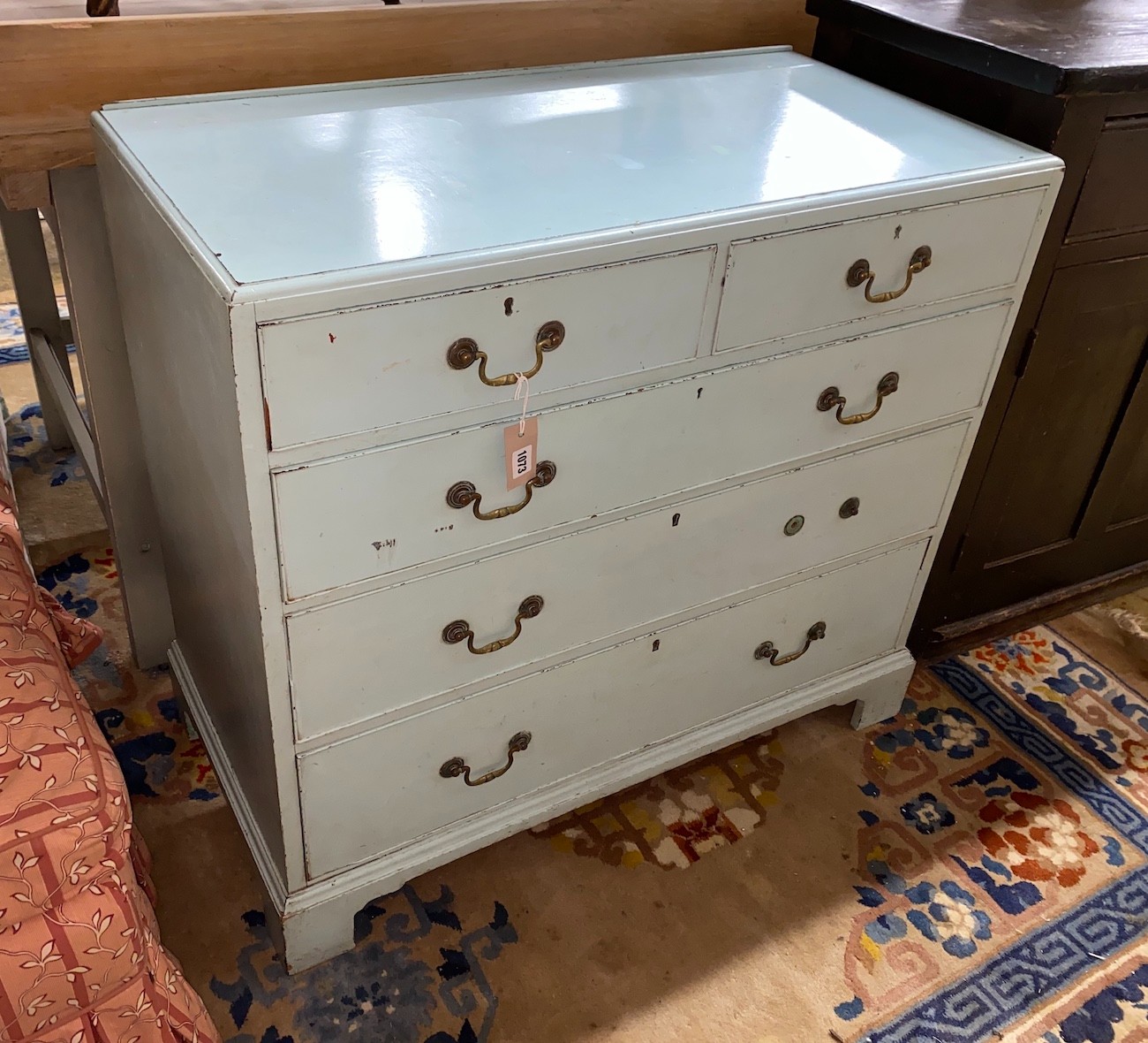 A George III style mahogany chest, later painted blue, width 92cm, depth 46cm, height 83cm